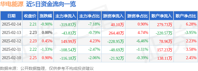 股票行情快报：华电能源（600726）2月14日主力资金净卖出31983万元(图1)